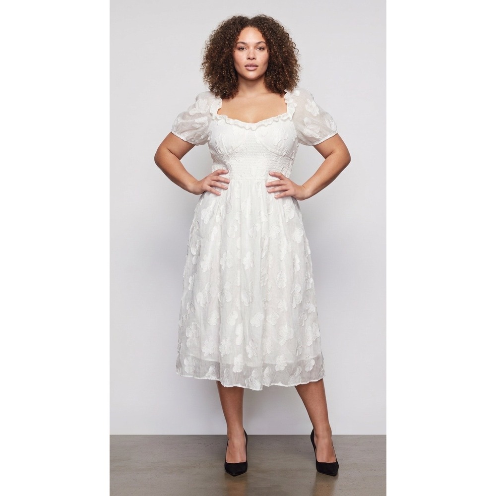 RIHOAS White Floral Jacquard Ruffle Sweetheart Midi Dress XL Puff Sleeve